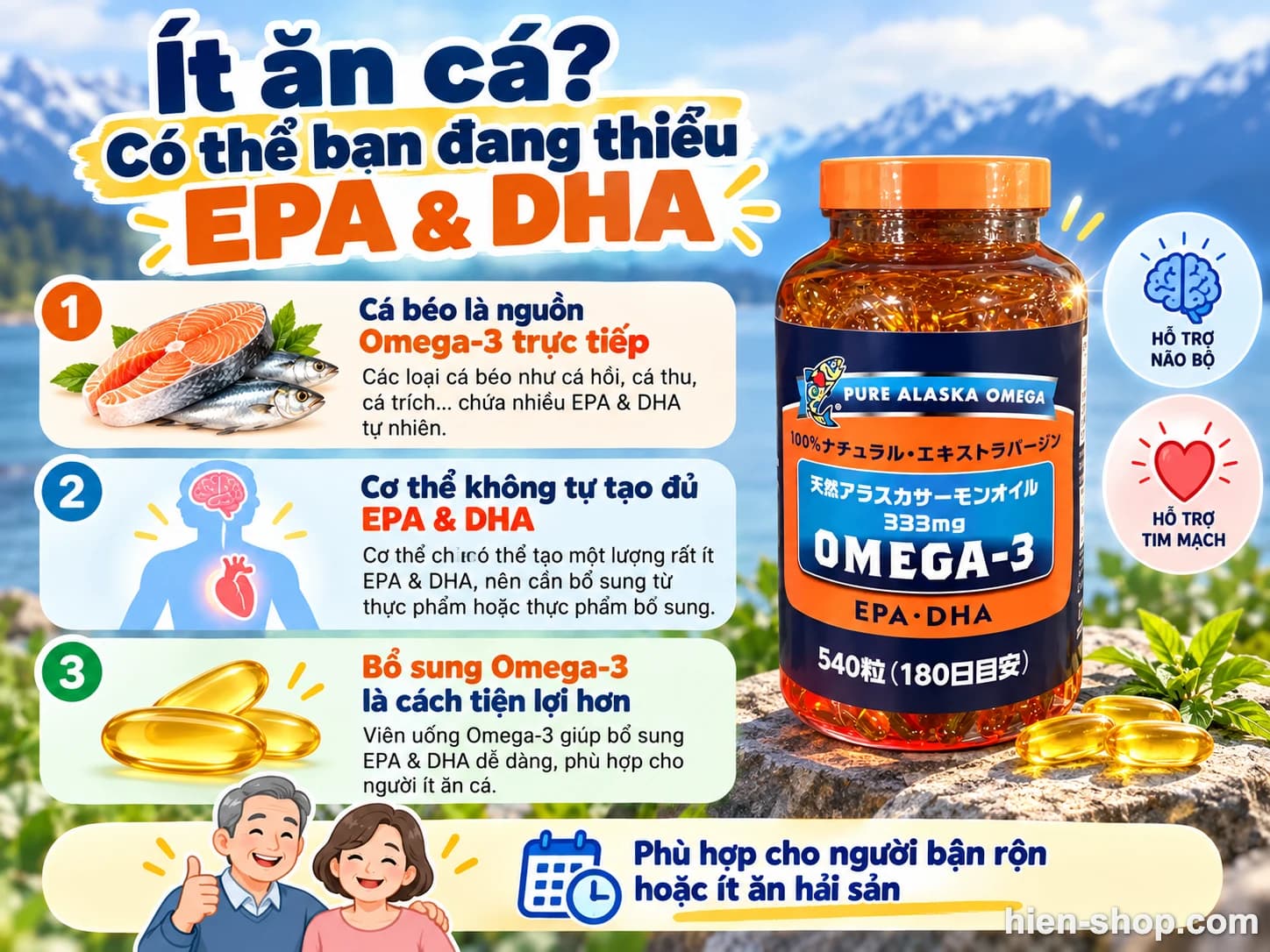 Dầu cá Omega 3 Alaska EPA DHA có tốt không? Lợi ích cho tim mạch, não bộ và người ít ăn cá