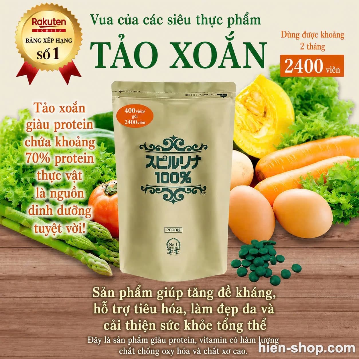 Tảo xoắn Spirulina 100% nguyên chất 2000 viên + tặng 400 viên (2400 viên)
