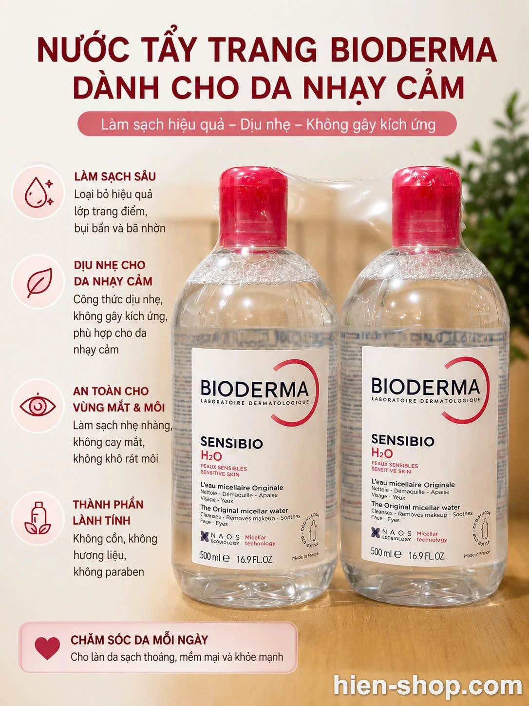 Nước tẩy trang Bioderma Sensibio H2O chai nắp đỏ cho da nhạy cảm 500mL