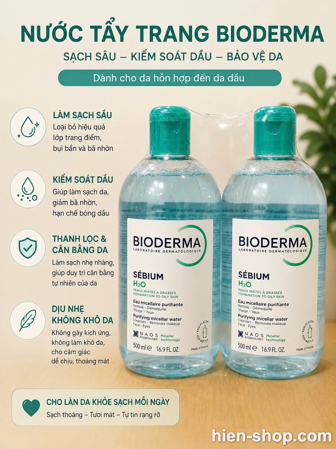 Nước tẩy trang Bioderma Sebium H2O D chai nắp xanh cho da dầu & da hỗn hợp 500mL