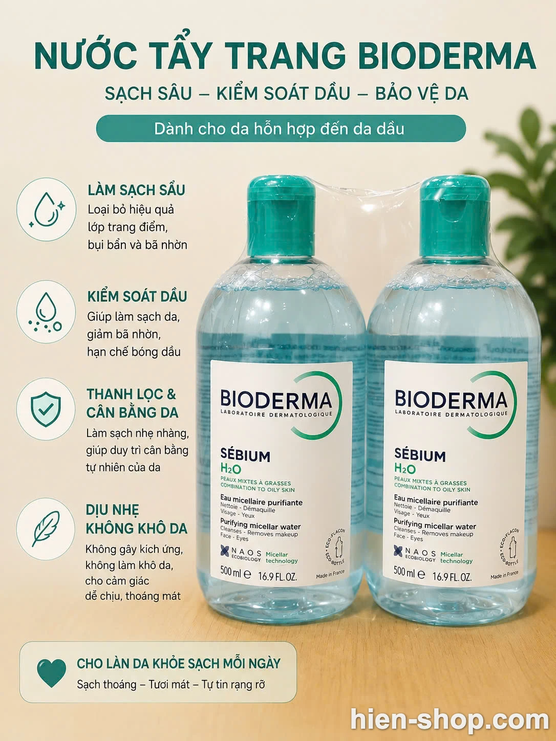 Nước tẩy trang Bioderma Sebium H2O D chai nắp xanh cho da dầu & da hỗn hợp 500mL