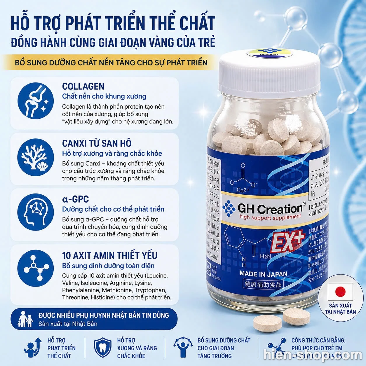 Viên uống hỗ trợ phát triển chiều cao cho trẻ trong giai đoạn phát triển GH Creation EX 270 viên 90 ngày