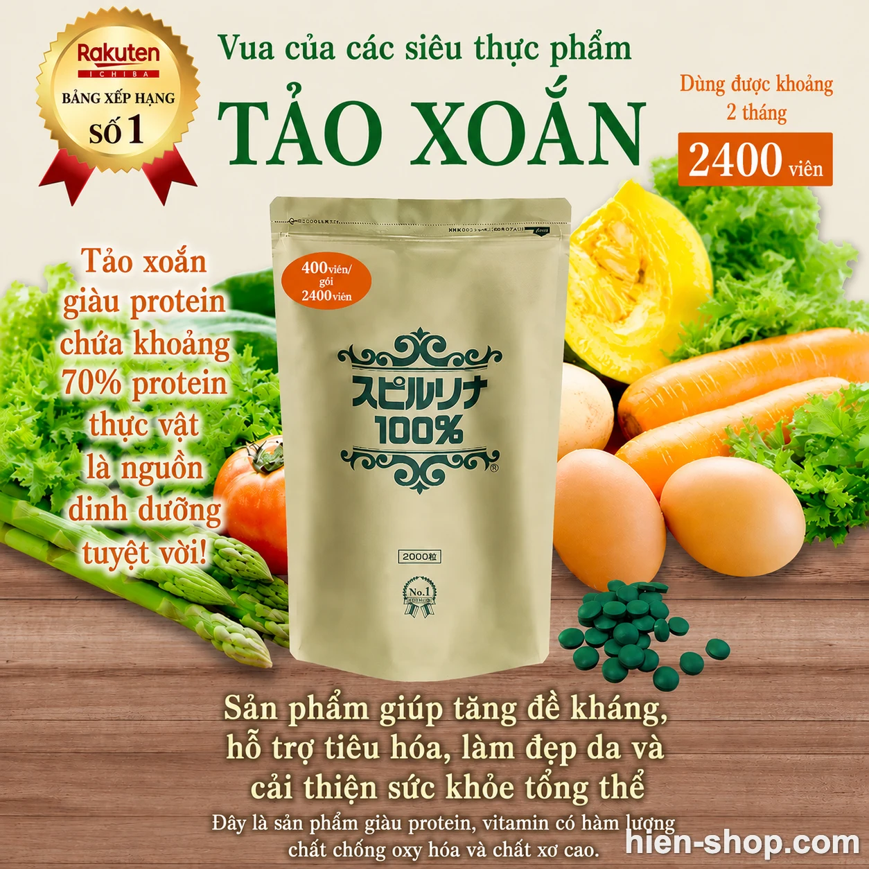 Tảo xoắn Spirulina 100% nguyên chất 2000 viên + tặng 400 viên (2400 viên)