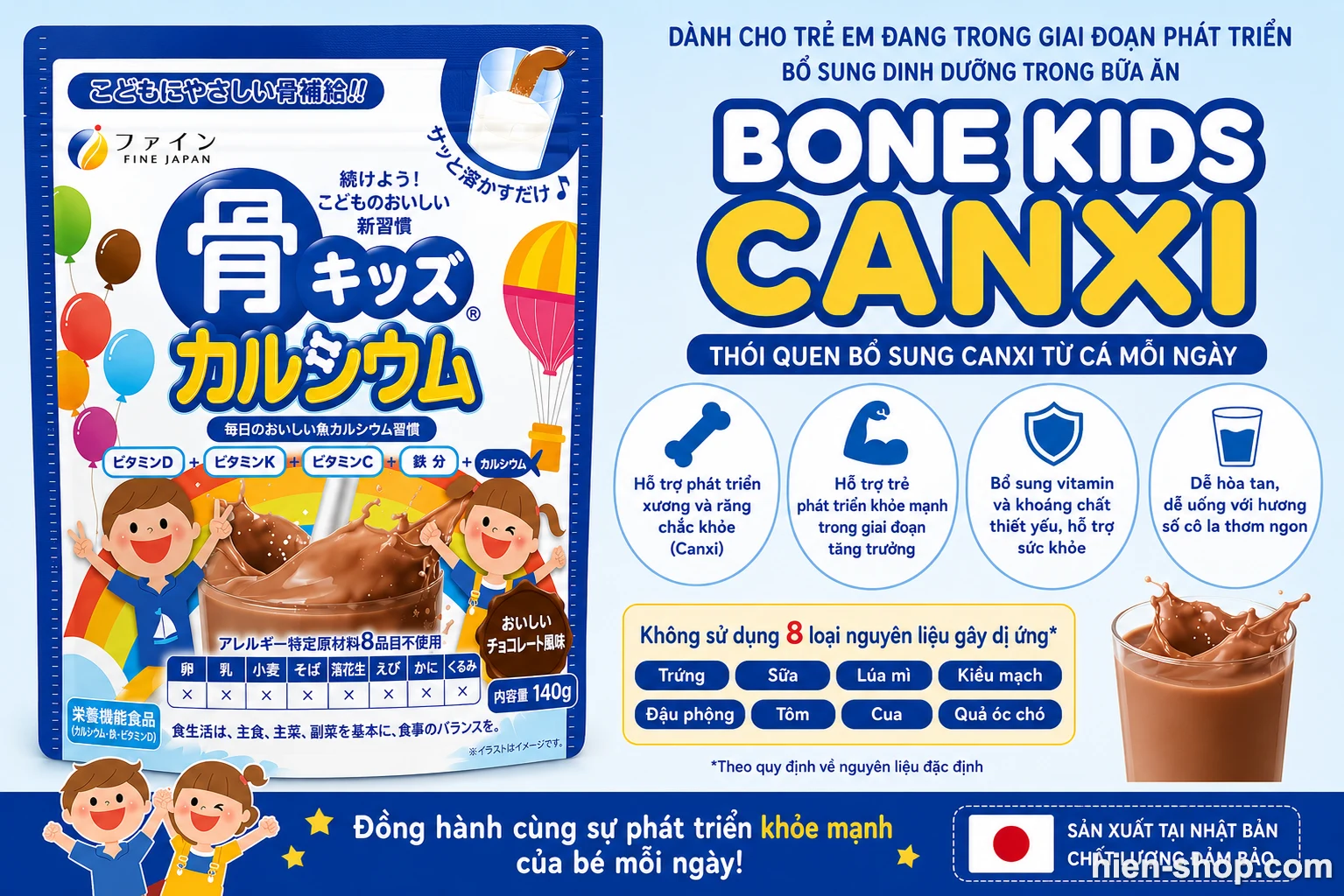 Bột Canxi cá tuyết Bone Kids Calcium vị Chocolate gói 140g (bổ sung Canxi - Vitamin D, K, C và sắt)