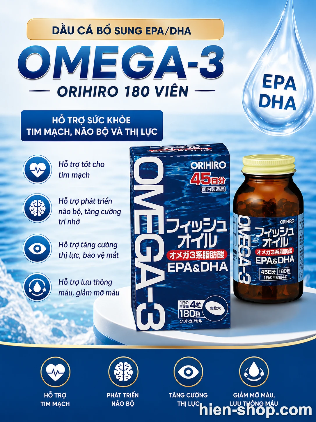Dầu cá bổ sung EPA/DHA Omega-3 của Orihiro 180 viên