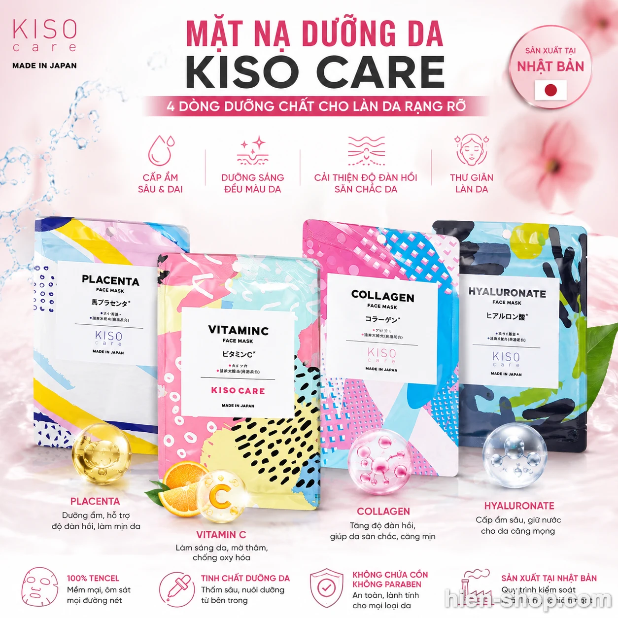 Mặt nạ dưỡng da KISO CARE Nhật Bản (Collagen / Vitamin C / Tinh chất nhau thai Placenta / HA)