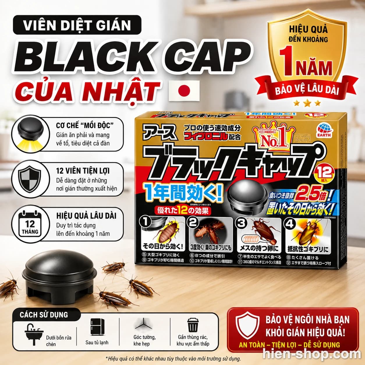 Viên diệt gián Black Cap của Nhật hộp 12 viên – hiệu quả đến khoảng 1 năm