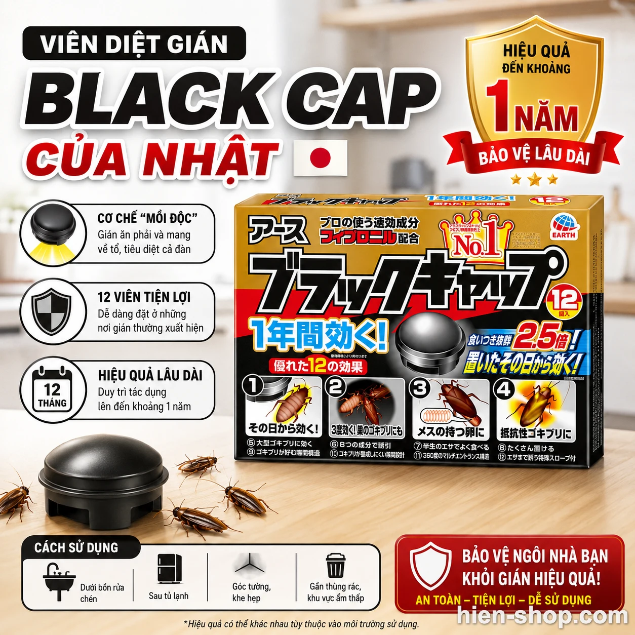 Viên diệt gián Black Cap của Nhật hộp 12 viên – hiệu quả đến khoảng 1 năm