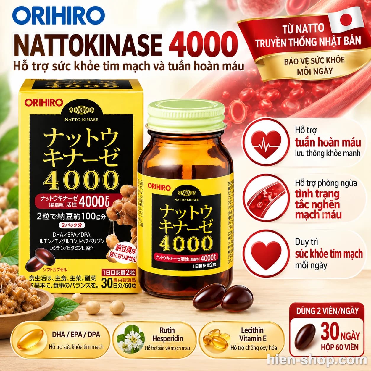 Viên uống hỗ trợ sức khỏe tim mạch và tuần hoàn máu Nattokinase 4000 của ORIHIRO lọ 60 viên – 30 ngày