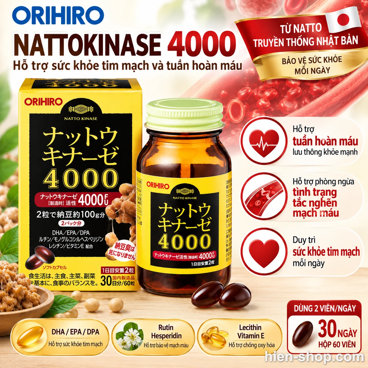 Viên uống hỗ trợ sức khỏe tim mạch và tuần hoàn máu Nattokinase 4000 của ORIHIRO lọ 60 viên – 30 ngày