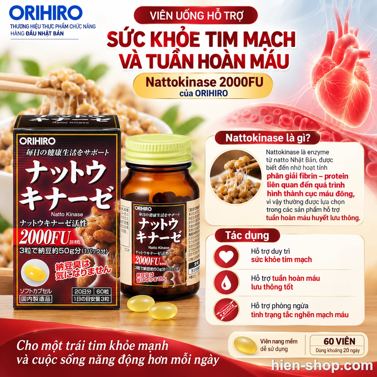 Viên uống hỗ trợ sức khỏe tim mạch và tuần hoàn máu Nattokinase 2000FU của ORIHIRO lọ 60 viên 20 ngày
