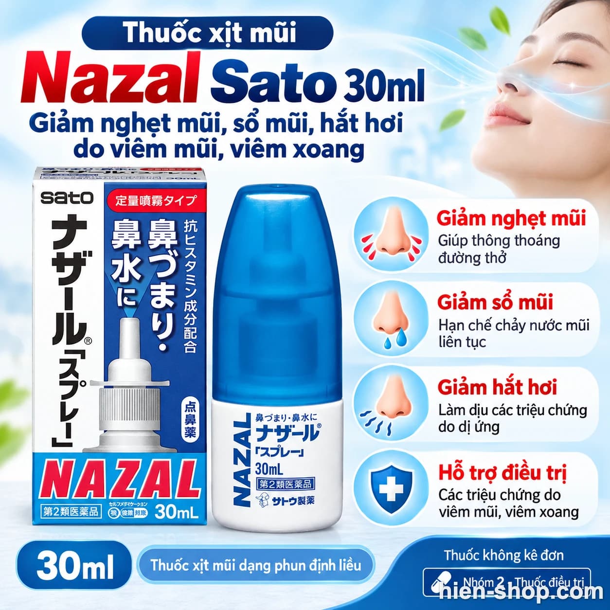 Thuốc xịt mũi Nazal Sato 30ml – Giảm nghẹt mũi, sổ mũi, hắt hơi do viêm mũi, viêm xoang